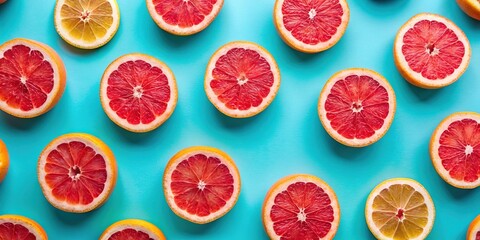 Ripe Grapefruit Halves on Blue Background - Creative Flat Lay