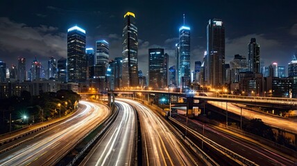 Obraz premium A panoramic view of a bustling metropolitan skyline at night, with skyscrapers glowing in warm yellow and blue lights. A busy highway with light trails from cars adds motion to the scene