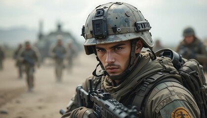 Obraz premium A soldier in camouflage uniform and helmet holds a rifle, a focused look on his face; other soldiers are blurred in the background.