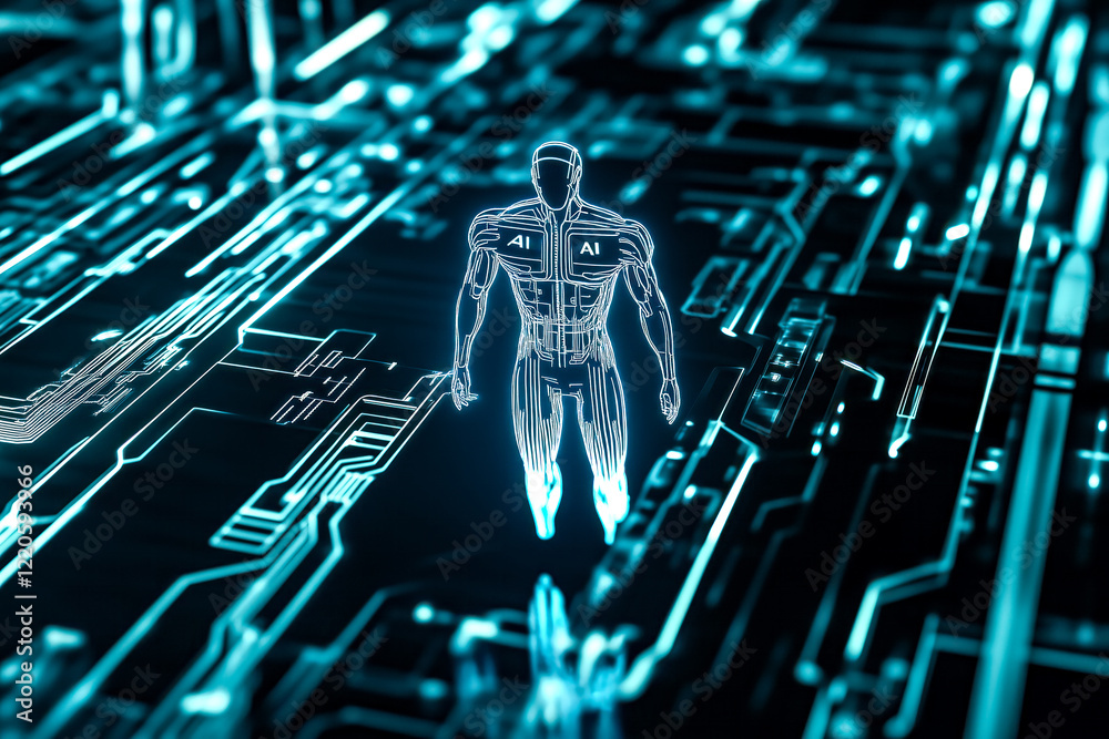 Fototapete A glowing, futuristic humanoid figure labeled 