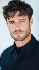 Portrait of Thoughtful Young Man with Blue Eyes and Curly Hair in Casual Black Shirt