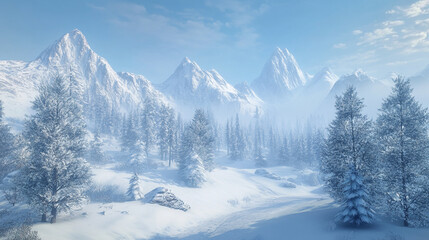 Obraz premium Serene Winter Mountain Landscape Snowy Peaks Forest Scene Sky Art Cold Blue Cold Trees White Pines 