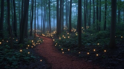 Obraz premium a foggy forest with small, glowing white lights in the trees, a blue light from behind, and a red dirt path winding through the dense woods. 