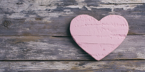 Obraz premium Rustic wooden background with pink heart symbolizing love and romance, ideal for Valentine's Day concept