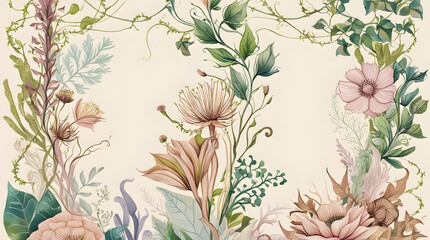 Flowers and plants. Hand drawn floral collection with flowers and leaves.