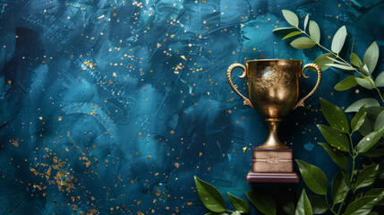 Golden Trophy on Teal Background with Greenery