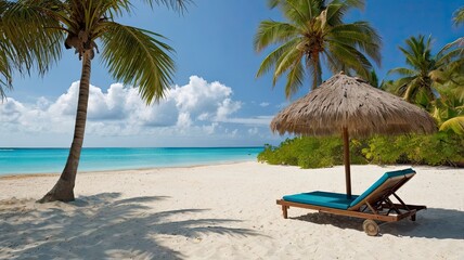 A pristine white sandy beach with crystal-clear turquoise waters gently lapping the shore. A couple is relaxing under a thatched umbrella, while palm trees sway in the background