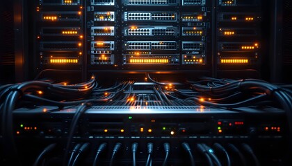 A high-angle view of a server rack filled with network equipment, such as switches, routers, and cables. The shot should capture the organized rows of devices with each unit lit by small indicator lig