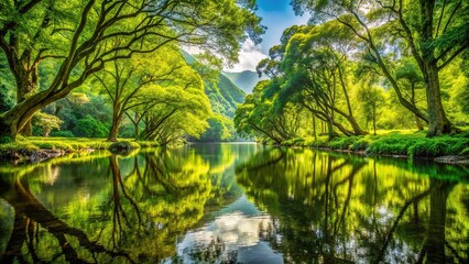 Fototapeta premium Waipio Valley Creek Reflection - Lush Green Trees
