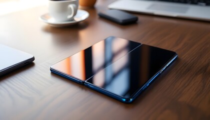 A high-angle shot of a foldable phone placed on a desk, the phone partially folded, with a visible crease on the screen. The phone is in focus with sharp details of the camera lenses and screen, while