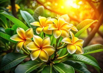 Obraz premium Yellow Plumeria Blossoms in Sunlight