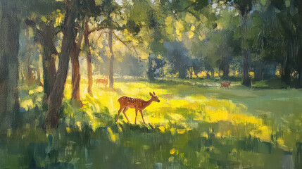 A vivid oil painting of a lush green meadow with grazing deer, golden sunlight filtering through tall trees, bold and textured brushstrokes