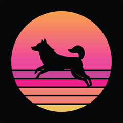 Shiba Inu Dog Silhouette With sunset retro illustration Vector, Dog vintage sunset retro background
