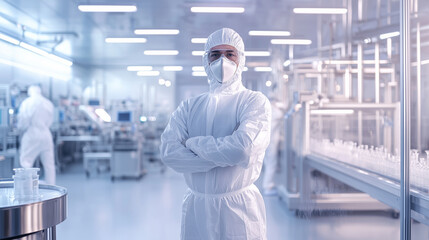 A confident man in a white protective suit and mask stands tall in the middle of a high-tech pharmaceutical manufacturing plant. The softly blurred background reveals conveyor belt