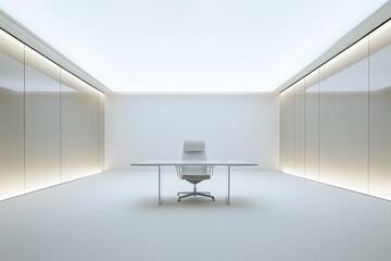 A Minimalist interior design style office interior featuring a sleek white desk and an ergonomic chair. The room is spacious with smooth white walls and soft lighting.