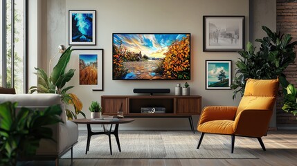 Modern Living Room Interior Design with Autumnal Landscape TV Screen Display