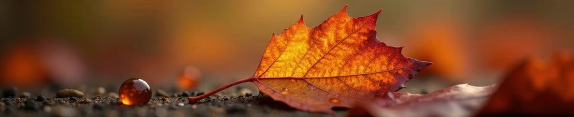 Crisp autumn leaf, single large water droplet , brown, single, closeup