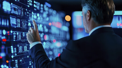 businessman interacts with digital interface, analyzing data and trends. modern technology creates dynamic and engaging atmosphere