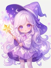 Adorable Purple Haired Witch Girl Holding Star Wand