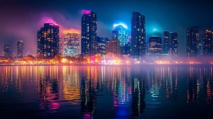 Obraz premium Night Cityscape Vibrant Reflections Modern Buildings Waterfront Foggy Atmosphere dark mist view 