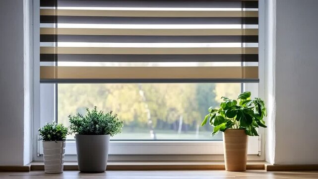 Motorized striped blinds beige color closeup in the window opening. Automatic home roller shades and curtains. Modern bottom up privacy shades half raised on apartment windows. Windowsill with plants