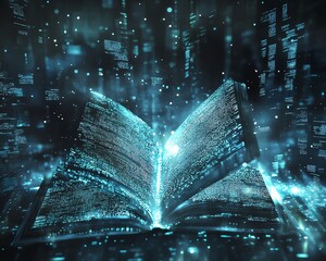 A glowing, open book radiates digital data, creating a futuristic ambiance filled with shimmering particles in a dark space.