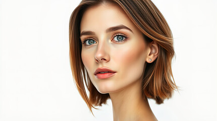 Naklejka premium portrait of pretty young woman with freckles, fair hair, with creative modern hairstyle, isolated on white background