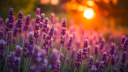 Picturesque vibrant field of lavender under golden sunlight, wonderful dreamy purple floral closeup at sunset. Amazing summer nature blur background. Beauty of nature and tranquility