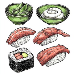 Delicious sushi, rice, and seaweed side dishes.  Japanese cuisine illustration for restaurant menus