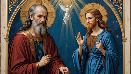 Naklejka premium A stunningly detailed religious artwork depicting Jesus Christ and an aged apostle, bathed in divine light and surrounded by ornate gold frames.