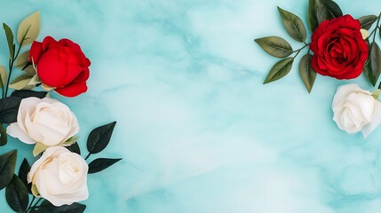 Red and white roses arranged on a blue marble background