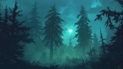 A mysterious forest at night, with tall trees and fog creating an eerie atmosphere. The dark green hues of the woods contrast against the moonlight filtering through the misty air. 