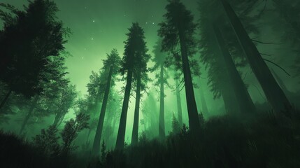 A mysterious forest at night, with tall trees and fog creating an eerie atmosphere. The dark green hues of the woods contrast against the moonlight filtering through the misty air. 
