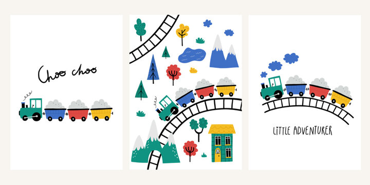 Set of cute cartoon baby boy posters with toy railway track model, kids train locomotive in cartoon style. Adorable childish steam train, hand drawn lettering.  For t-shirts, greeting card, wall art