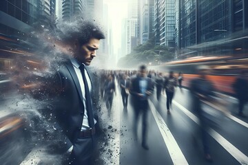Man in Suit Disintegrating into Dust Amid a Fast-Paced City: Overwhelm Personified