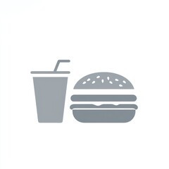 Gray burger and drink with straw icon on white background, for menu, web or app