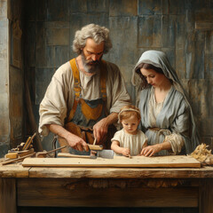 Working St Joseph the carpenter and baby Jesus with Mary. AI generative. © Dar1930