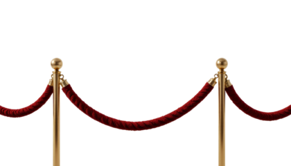 Red rope barrier with gold stanchions transparent background