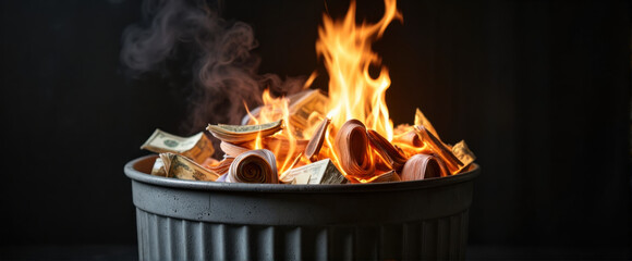 Obraz premium Burning money and trash in metal bin on dark background