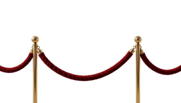 Red rope barrier with gold stanchions transparent background