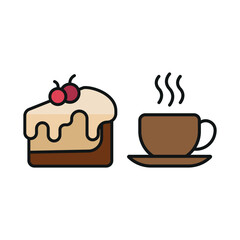 Coffee glass drink and cheesecake food icon illustrated in a vibrant and playful cartoon style, bursting with cheerful colors and dynamic details, ideal for casual dining, fun branding, and creative d