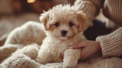  puppy being brushed by owner