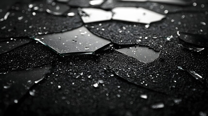 Close-up of broken glass pieces scattered on a black surface