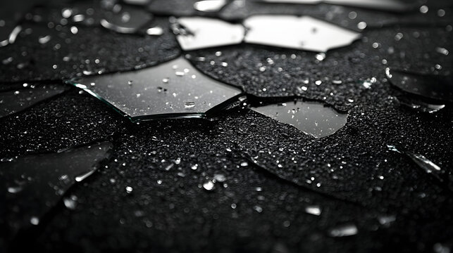 Close-up of broken glass pieces scattered on a black surface