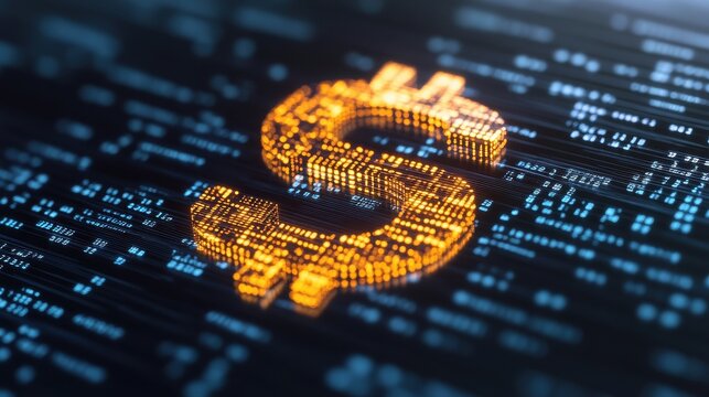 Futuristic glowing binary code intertwined with dollar signs symbolizing digital finance and cryptocurrency technology