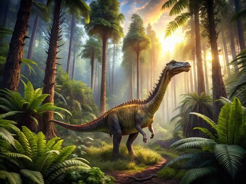 Amargasaurus Dinosaur in Prehistoric Forest - Stock Photo