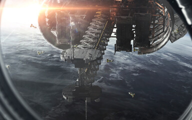 3D illustration of futuristic space station. Hard surface. High quality render, digital cosmic sci-fi art in 5K - realistic visualization