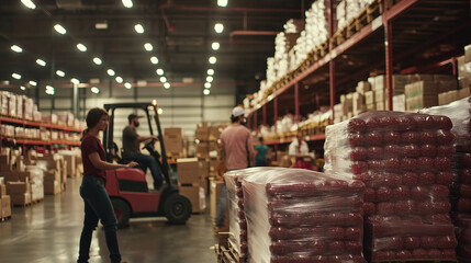 Naklejka premium In a vibrant warehouse, shrink-wrapped food packages are stacked neatly on a pallet. Workers are busy moving products with forklifts, and shelves full of organized goods fill the b