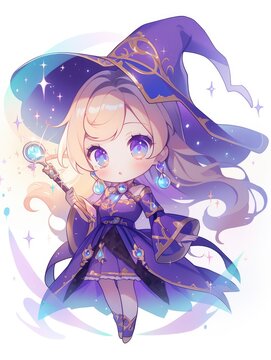Adorable Anime Witch Girl With Wand And Purple Dress