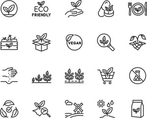 Vector set of organic farming line icons. Contains icons eco friendly, chemical free, cultivate, soil testing, vegan, drought, organic fertilizer and more. Pixel perfect.